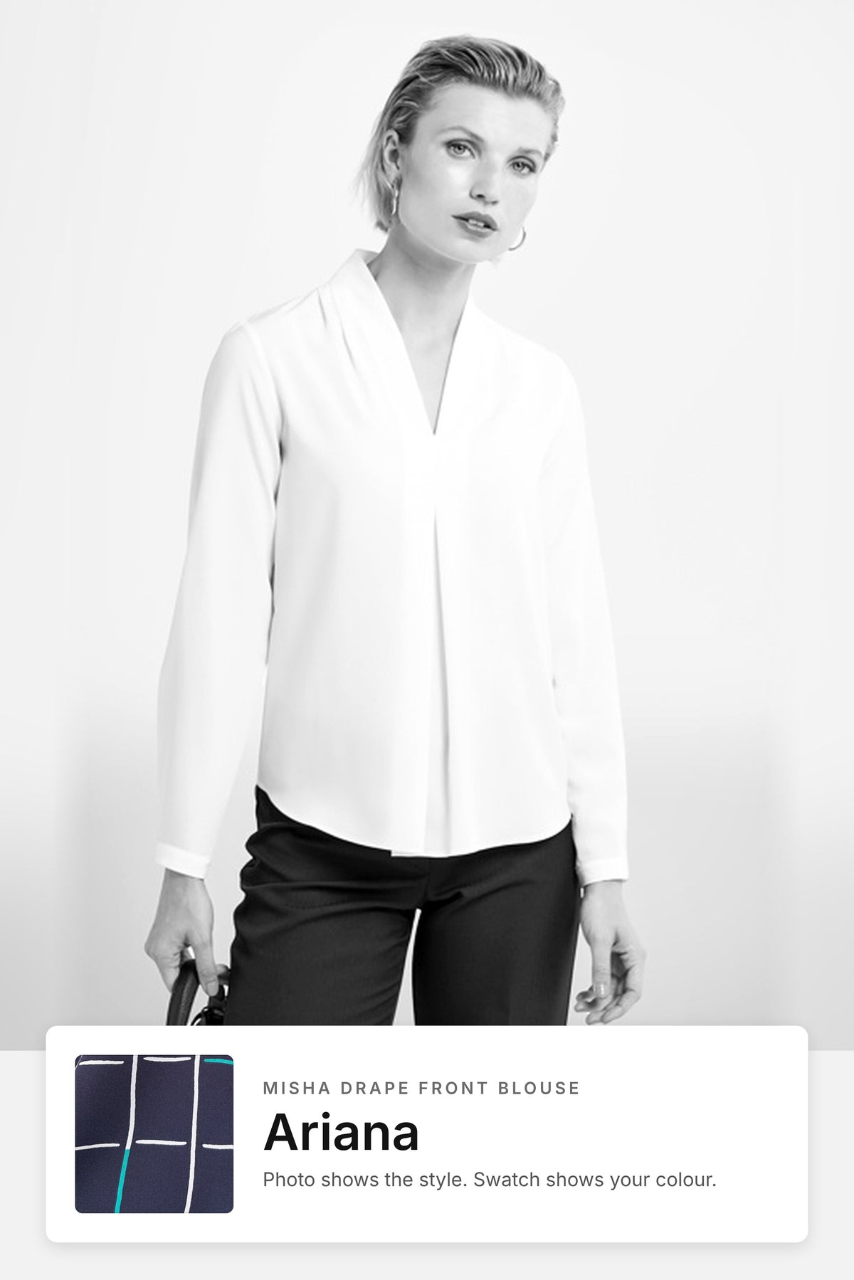 Misha women's drape front work blouse in Ariana – style photo with Ariana fabric swatch, Imagemakers Sale