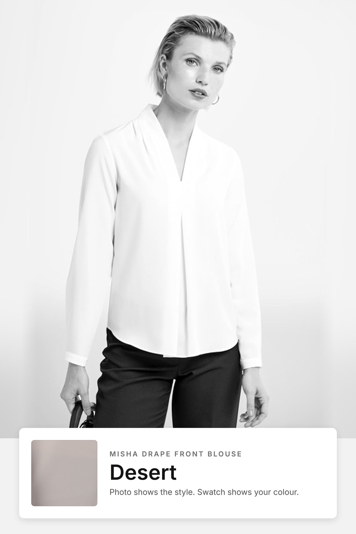 Misha women's drape front work blouse in Desert – style photo with Desert fabric swatch, Imagemakers Sale