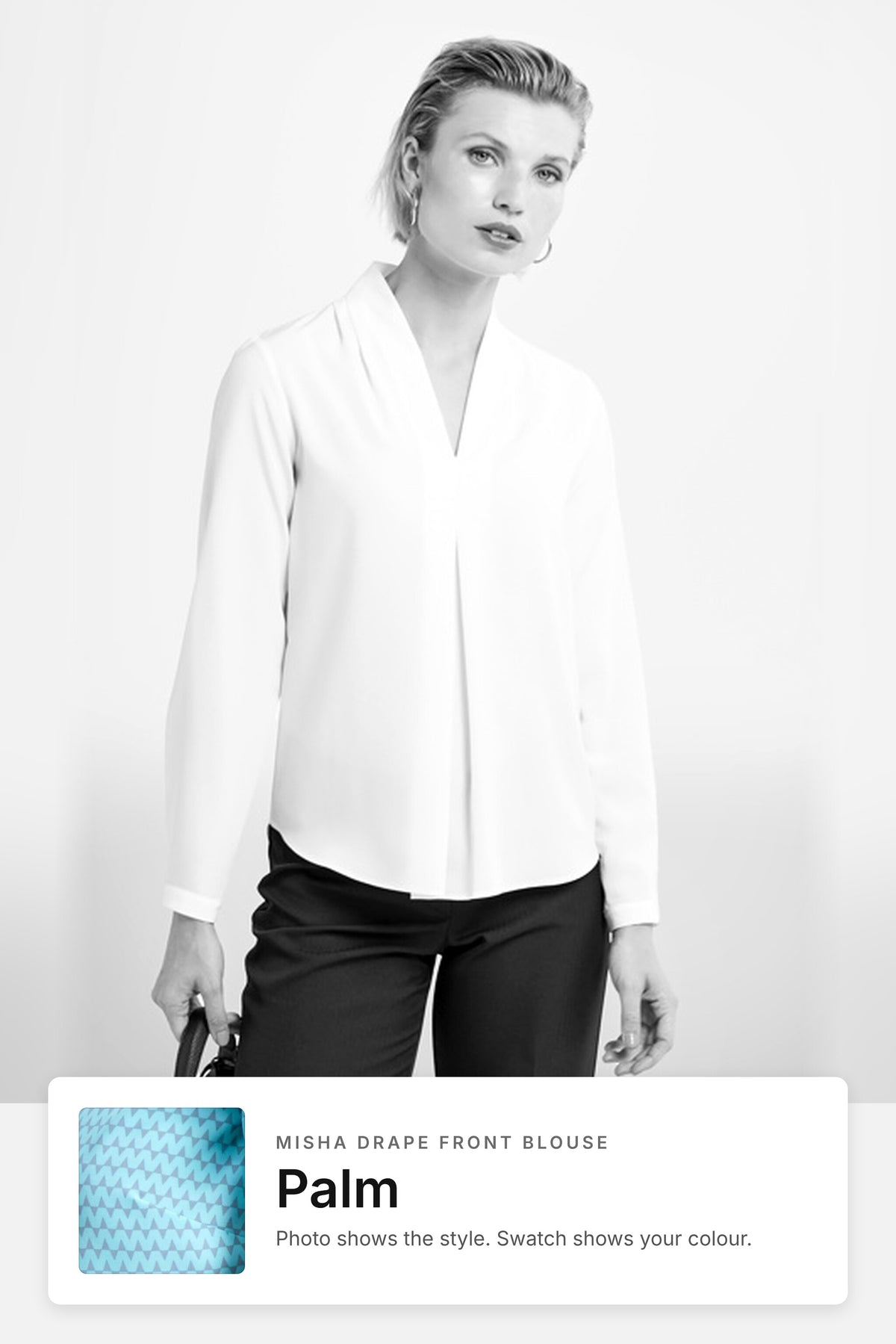 Misha women's drape front work blouse in Palm – style photo with Palm fabric swatch, Imagemakers Sale