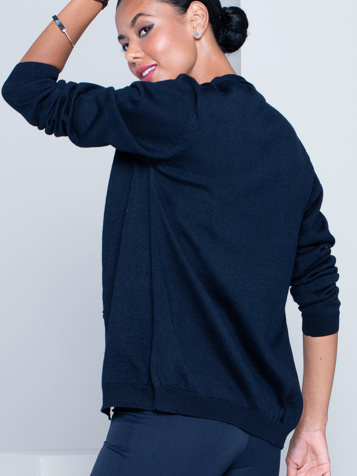 ImNow's Soft, Durable V-Neckline Women's Cardigan in Navy with button up front. 