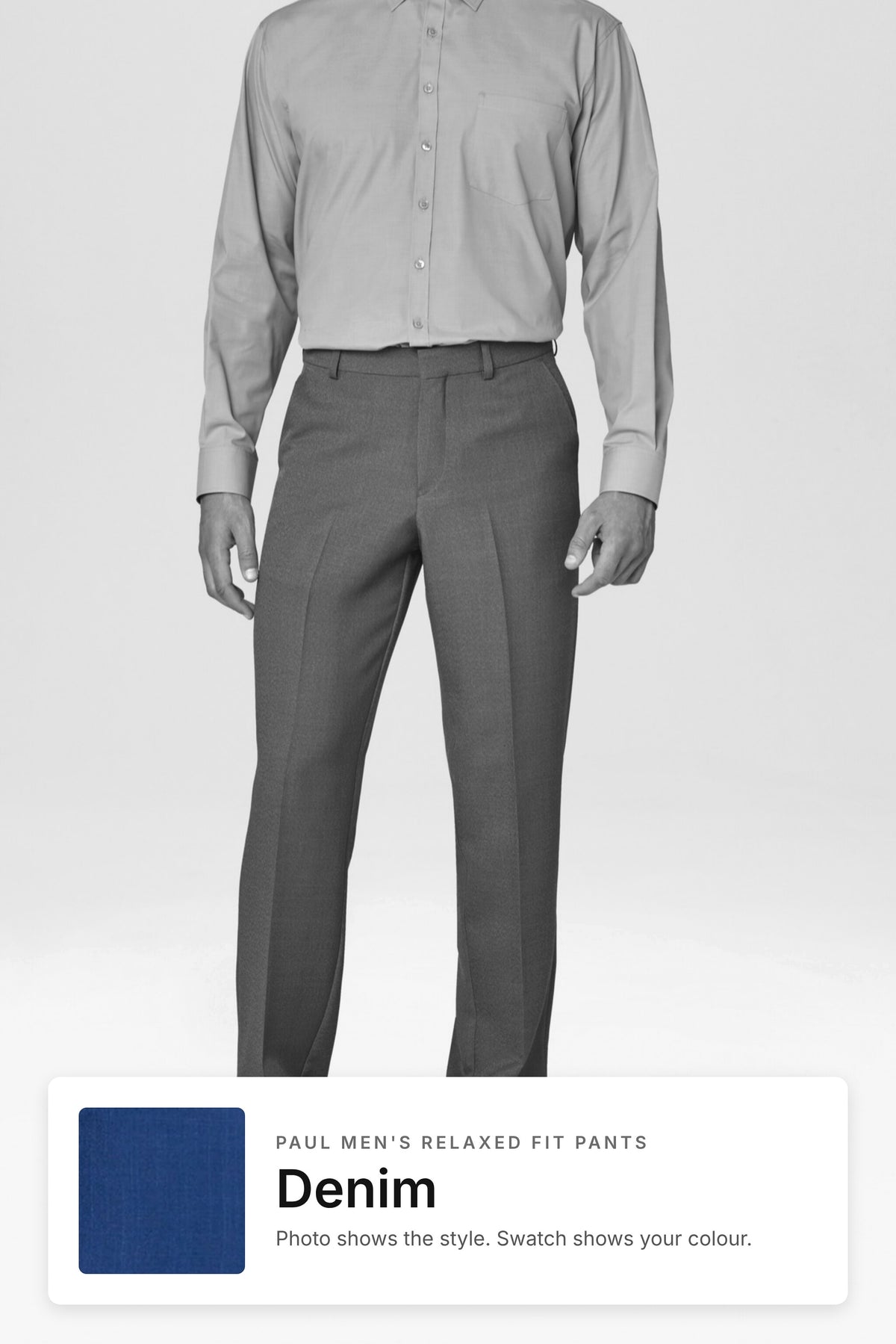 Paul men's relaxed fit pants in Denim – style photo with Denim fabric swatch, Imagemakers Sale