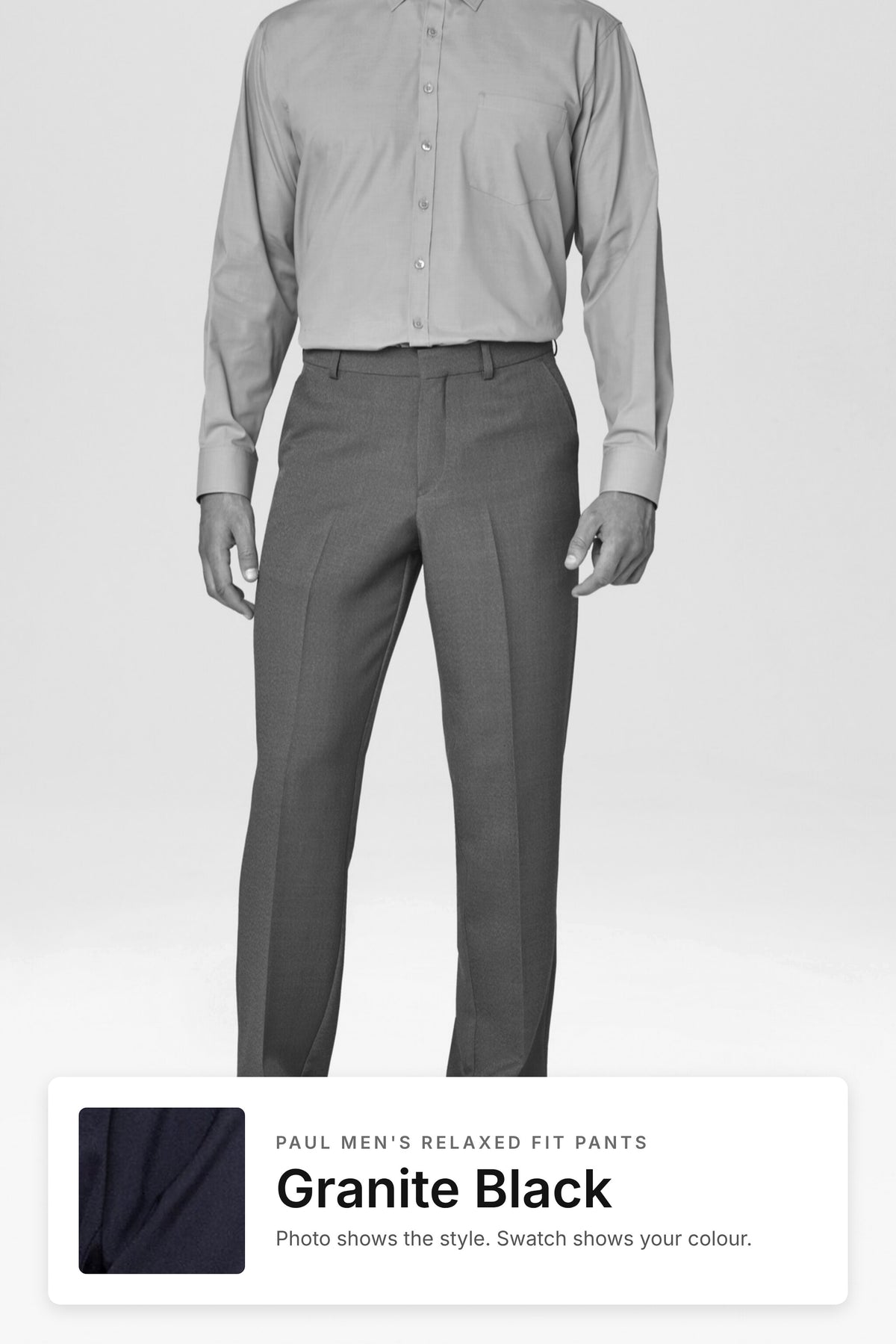 Paul men's relaxed fit pants in Granite Black – style photo with Granite Black fabric swatch, Imagemakers Sale