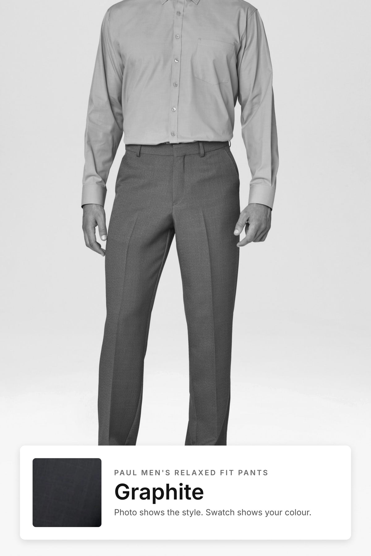 Paul men's relaxed fit pants in Graphite – style photo with Graphite fabric swatch, Imagemakers Sale
