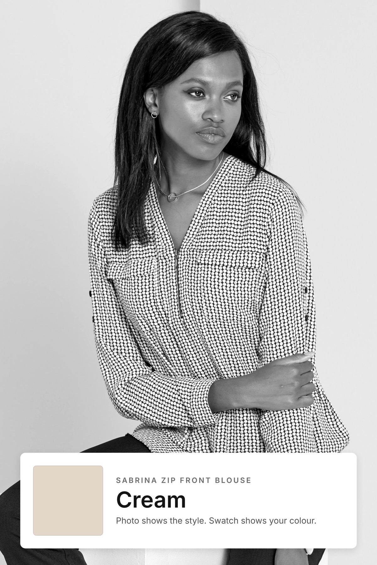 Sabrina women's zip front work blouse in Cream – style photo with Cream fabric swatch, Imagemakers Sale