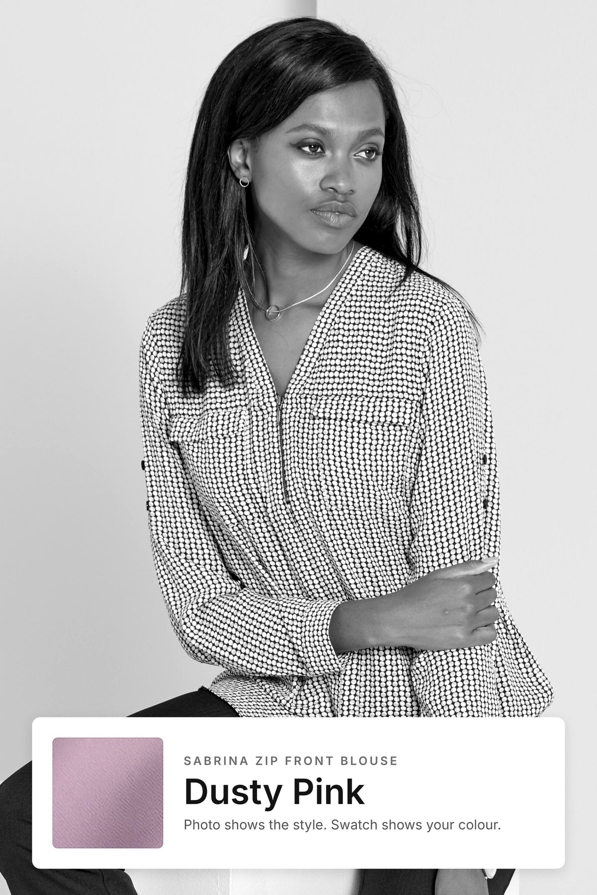 Sabrina women's zip front work blouse in Dusty Pink – style photo with Dusty Pink fabric swatch, Imagemakers Sale