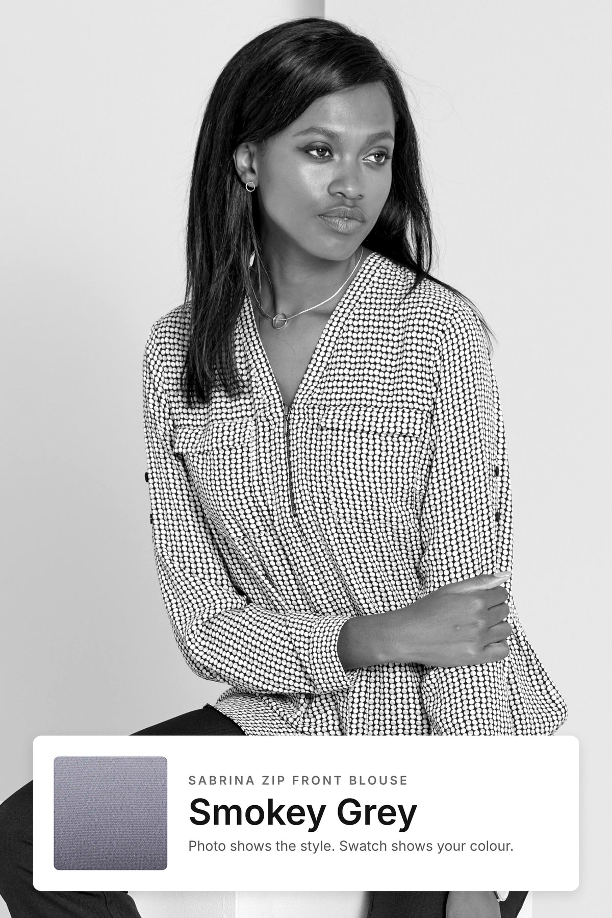 Sabrina women's zip front work blouse in Smokey Grey – style photo with Smokey Grey fabric swatch, Imagemakers Sale