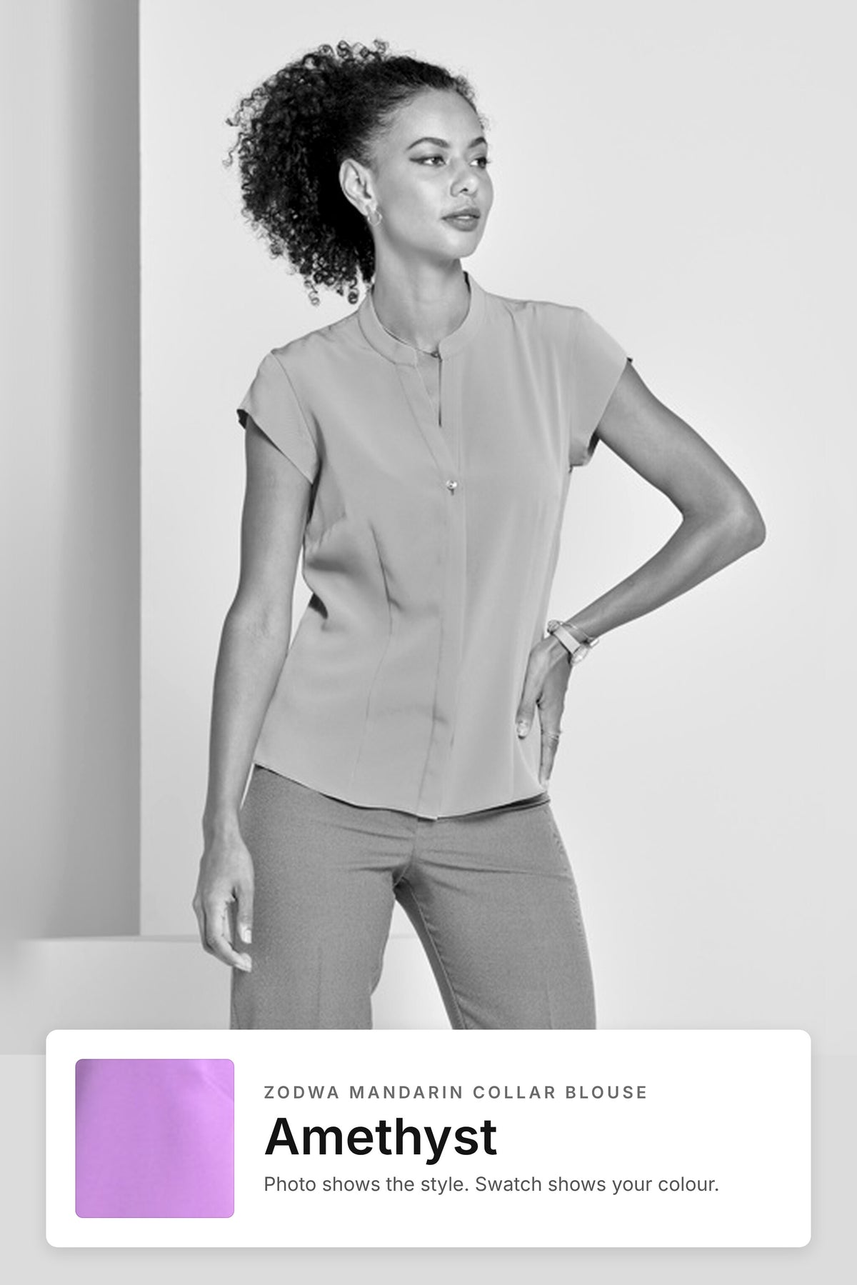 Zodwa women's mandarin collar work blouse in Amethyst – style photo with Amethyst fabric swatch, Imagemakers Sale