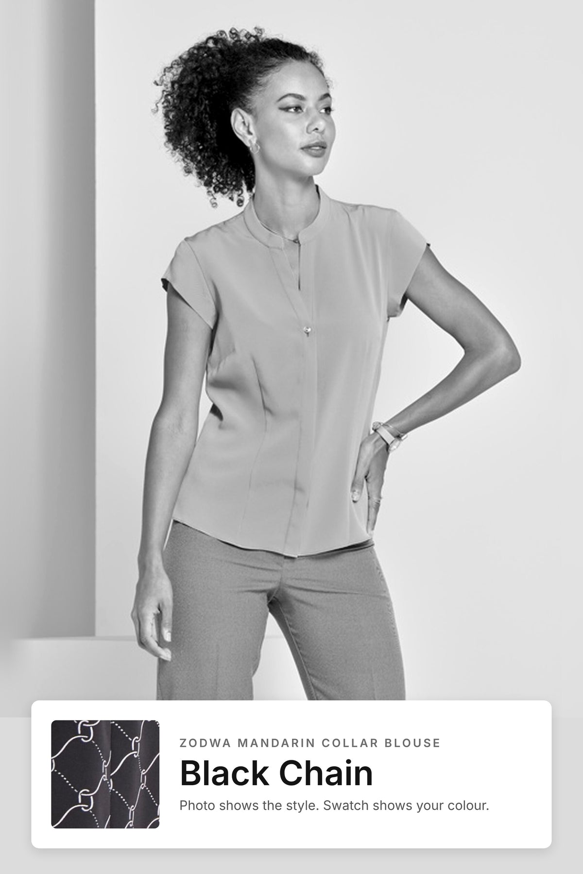 Zodwa women's mandarin collar work blouse in Black Chain – style photo with Black Chain fabric swatch, Imagemakers Sale
