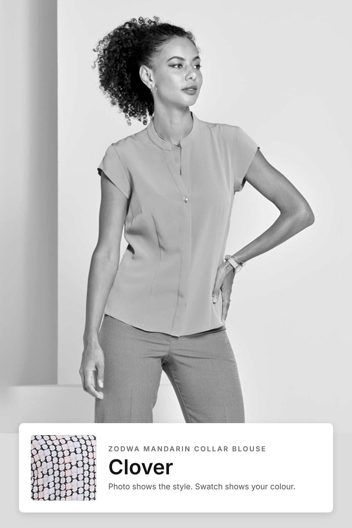 Zodwa women's mandarin collar work blouse in Clover – style photo with Clover fabric swatch, Imagemakers Sale