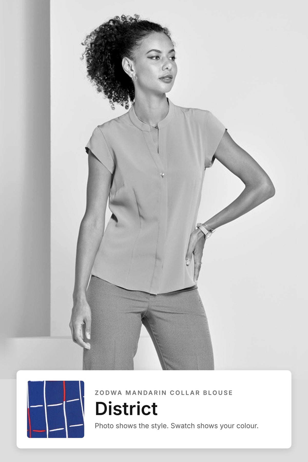 Zodwa women's mandarin collar work blouse in District – style photo with District fabric swatch, Imagemakers Sale