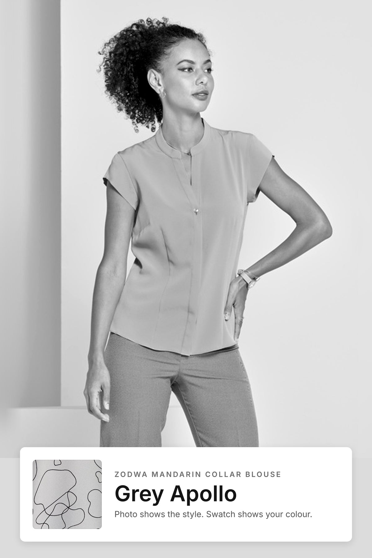 Zodwa women's mandarin collar work blouse in Grey Apollo – style photo with Grey Apollo fabric swatch, Imagemakers Sale