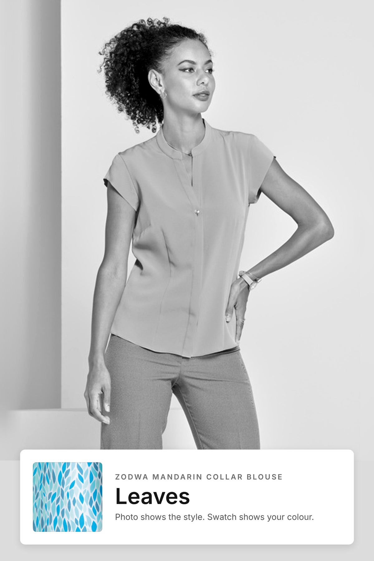 Zodwa women's mandarin collar work blouse in Leaves – style photo with Leaves fabric swatch, Imagemakers Sale