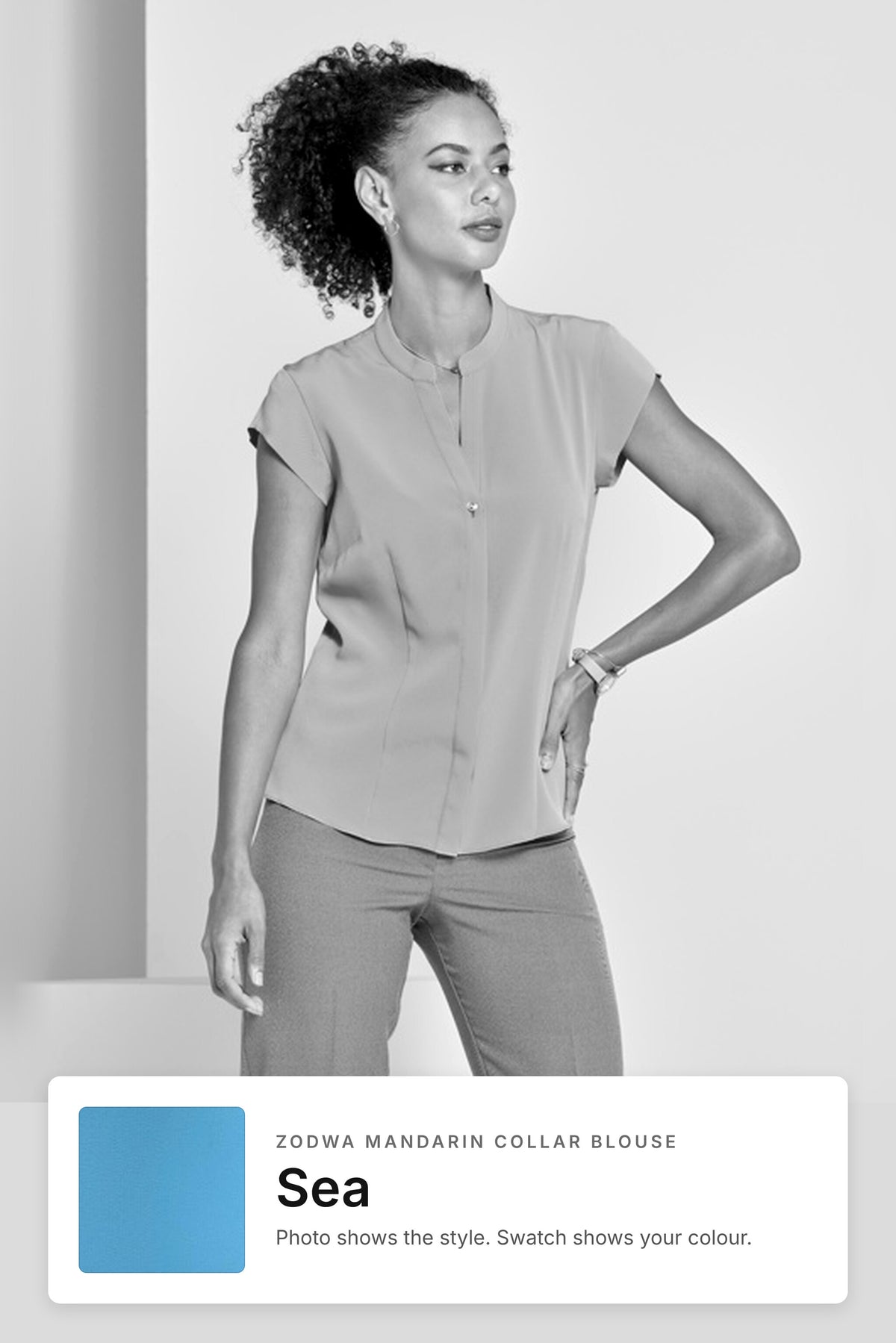 Zodwa women's mandarin collar work blouse in Sea – style photo with Sea fabric swatch, Imagemakers Sale