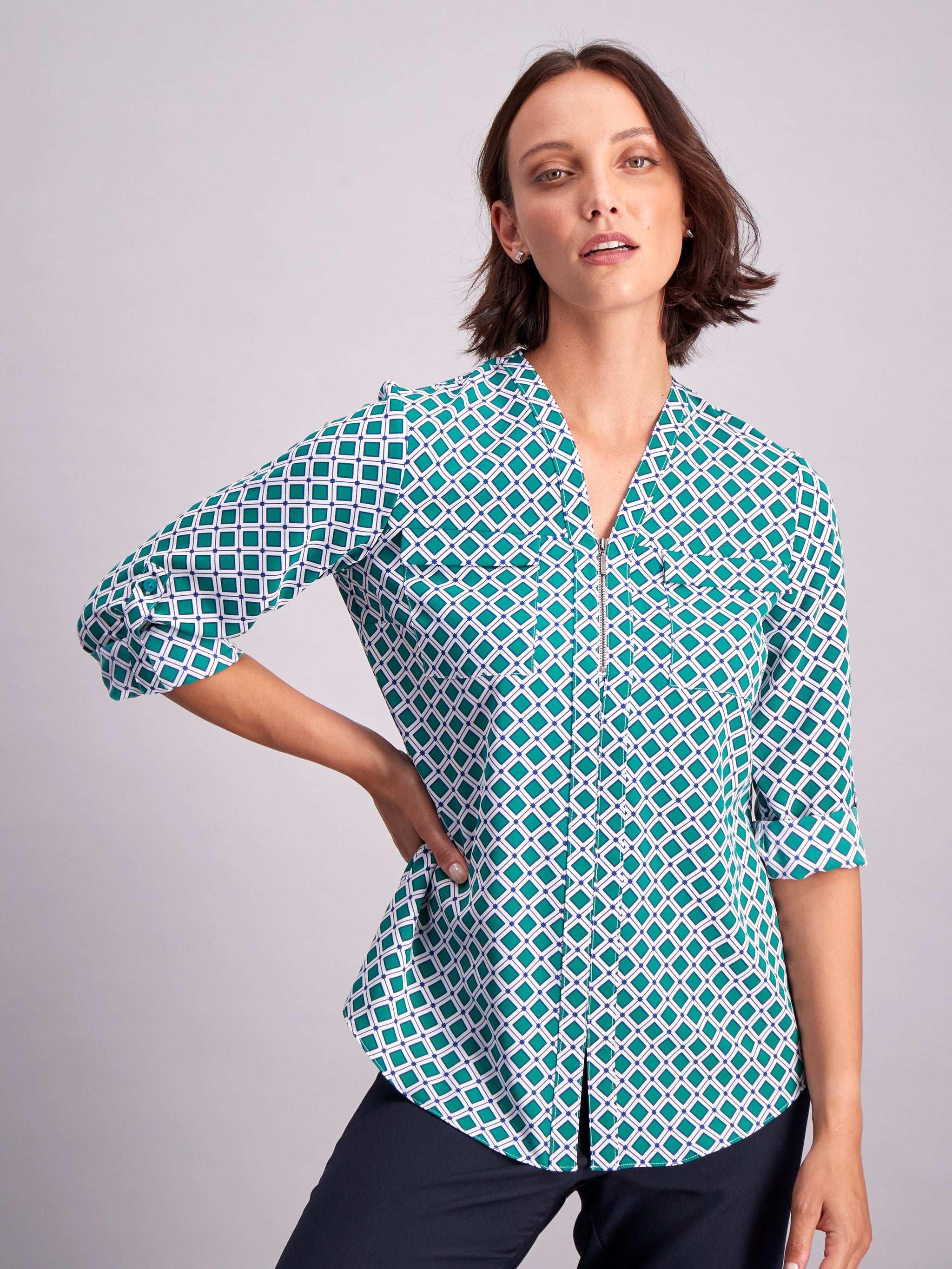 Sabrina zipped neckline blouse -green print - Imagemakers (Pty) Ltd ...
