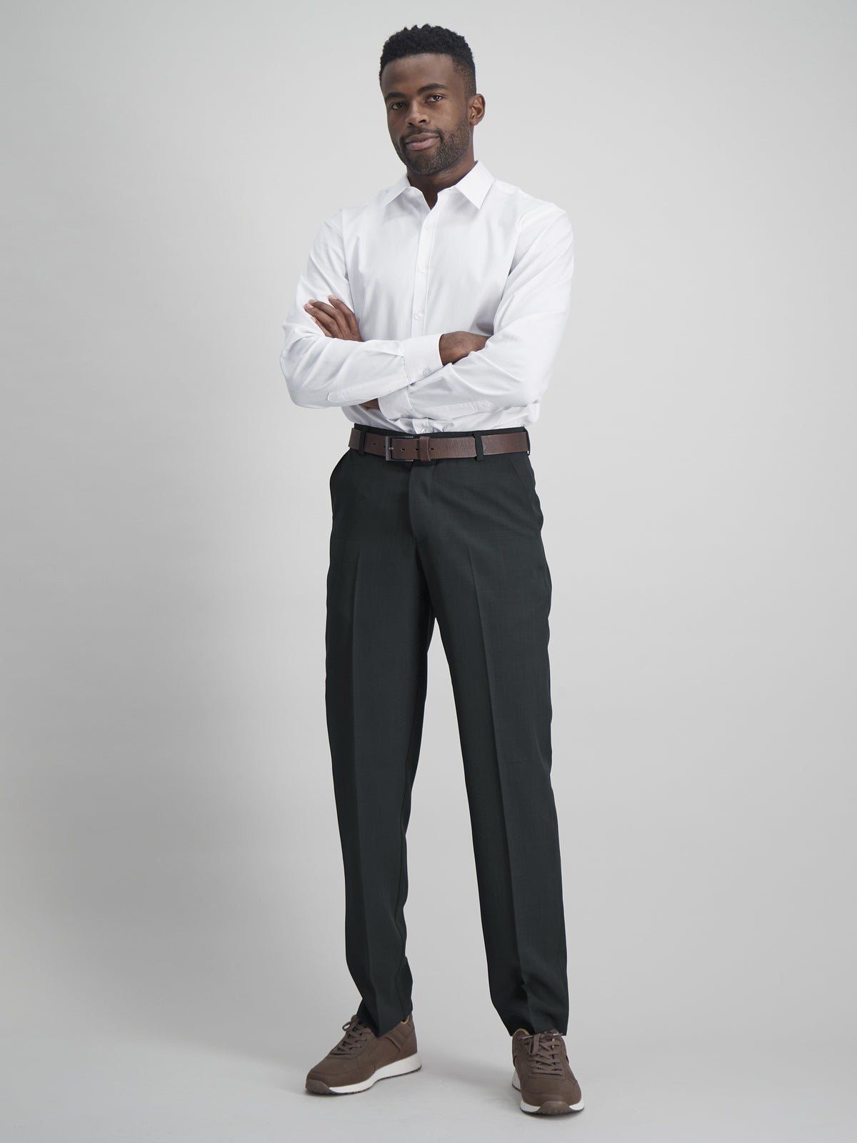 Full view of men's regular fit formal pants in charcoal by imnow south africa. 