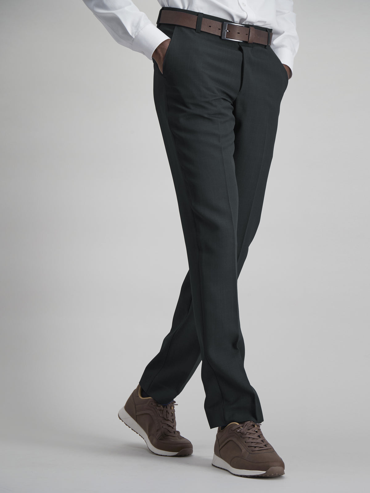 Side view of men's regular fit stretch trousers in charcoal grey by imnow.