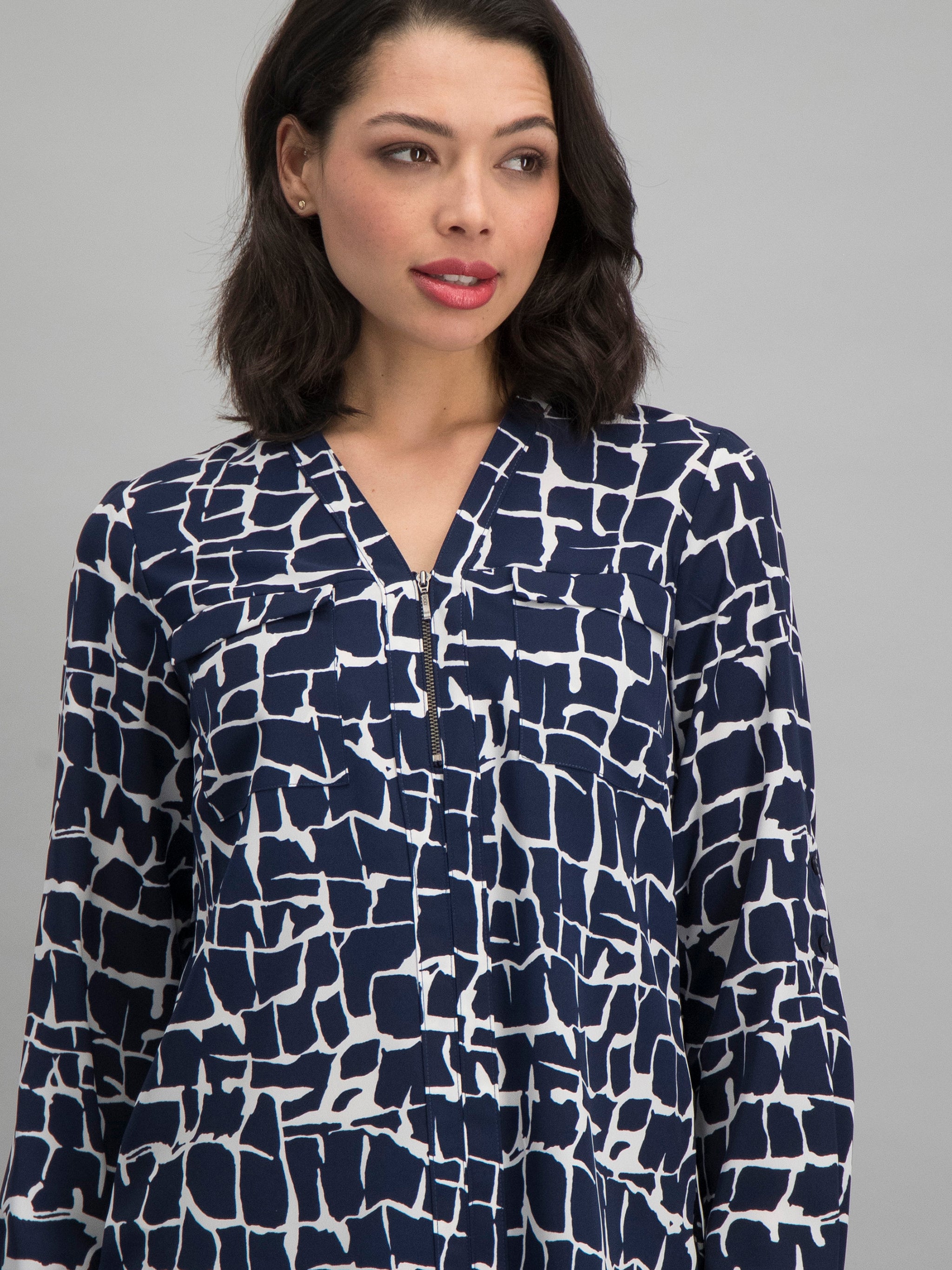 Sabrina zipped neckline blouse - navy/white - Imagemakers (Pty) Ltd ...